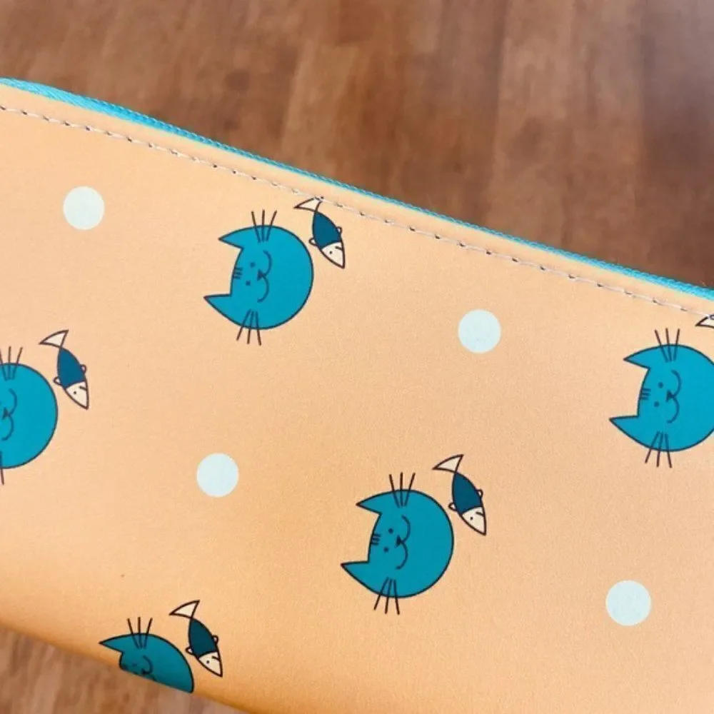 Kawaii Cat & Fish Polka Dot Zip Around Wallet Organizer Yellow Teal NWT
